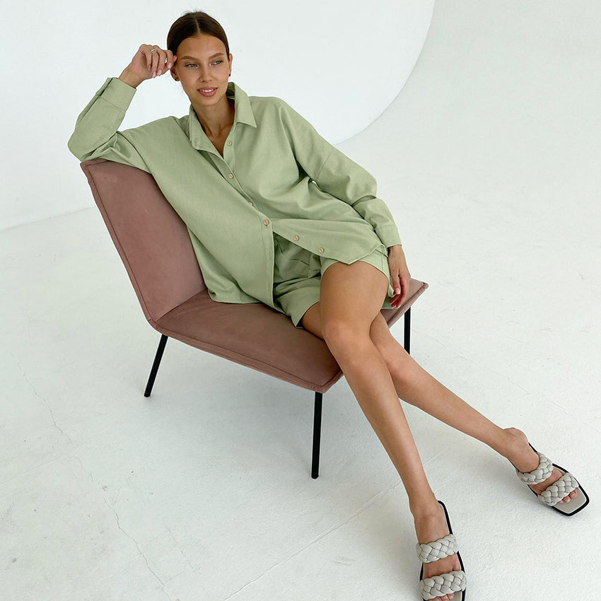Woman in light green Casual Winter Pajamas set showcasing fashionable ملابس for comfort