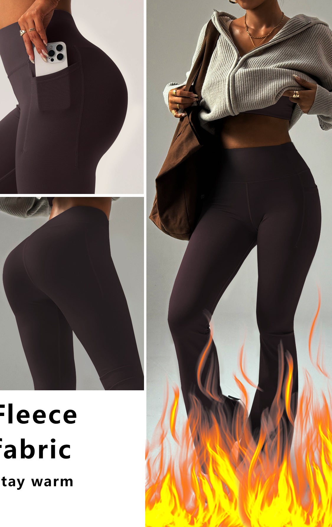 Wide leg high waist yoga pants in black fleece fabric with side pockets, langry fashion ملابس