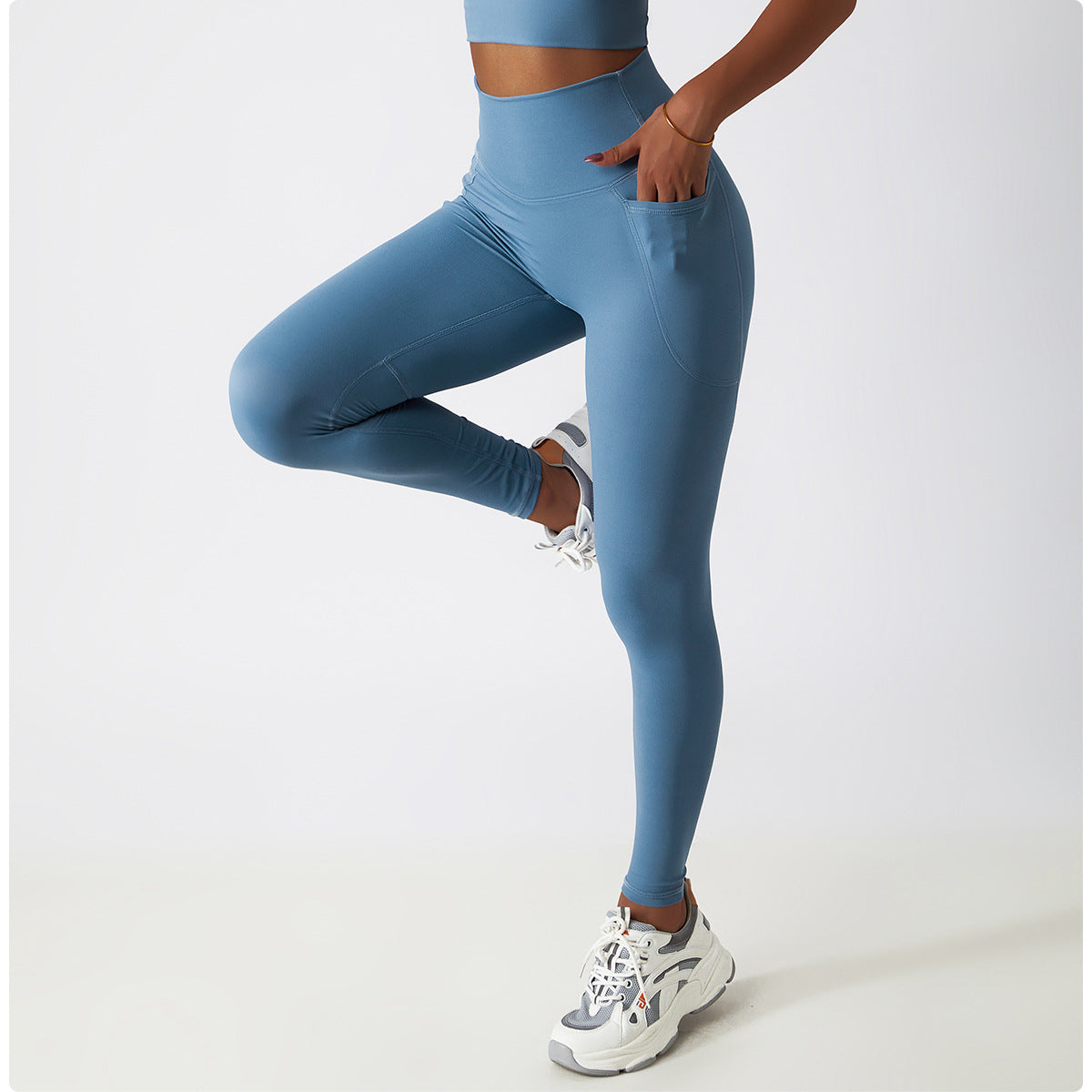 Light blue high-waisted athletic leggings with white sneakers for stylish langry fashion