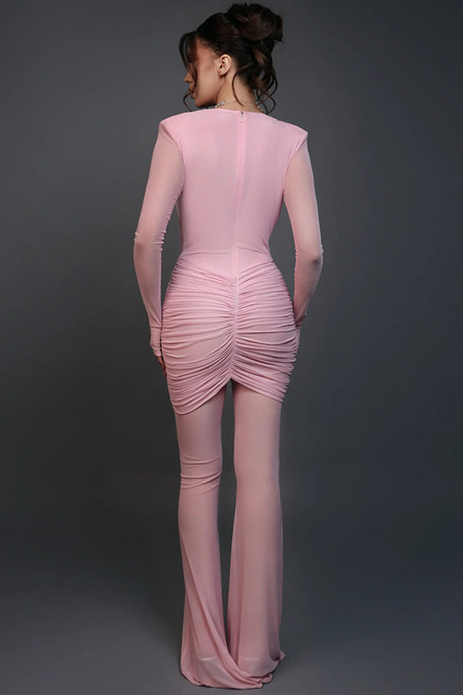 Langry fashion pink ruched long-sleeve high-neck dress in ملابس