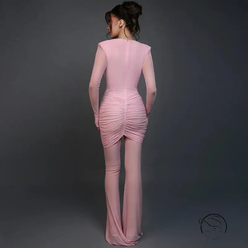 Pink ruched langry fashion dress with long sleeves and high neckline