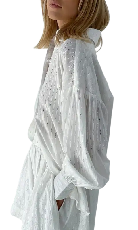 White sheer blouse in French jacquard pajamas set with embroidered details