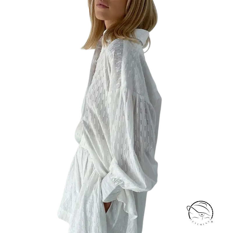 White sheer blouse in French jacquard pajamas set with embroidered details