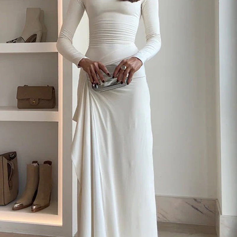 Elegant white long-sleeved dress from Casual Lace Up Stretch Dress collection, fashionable ملابس