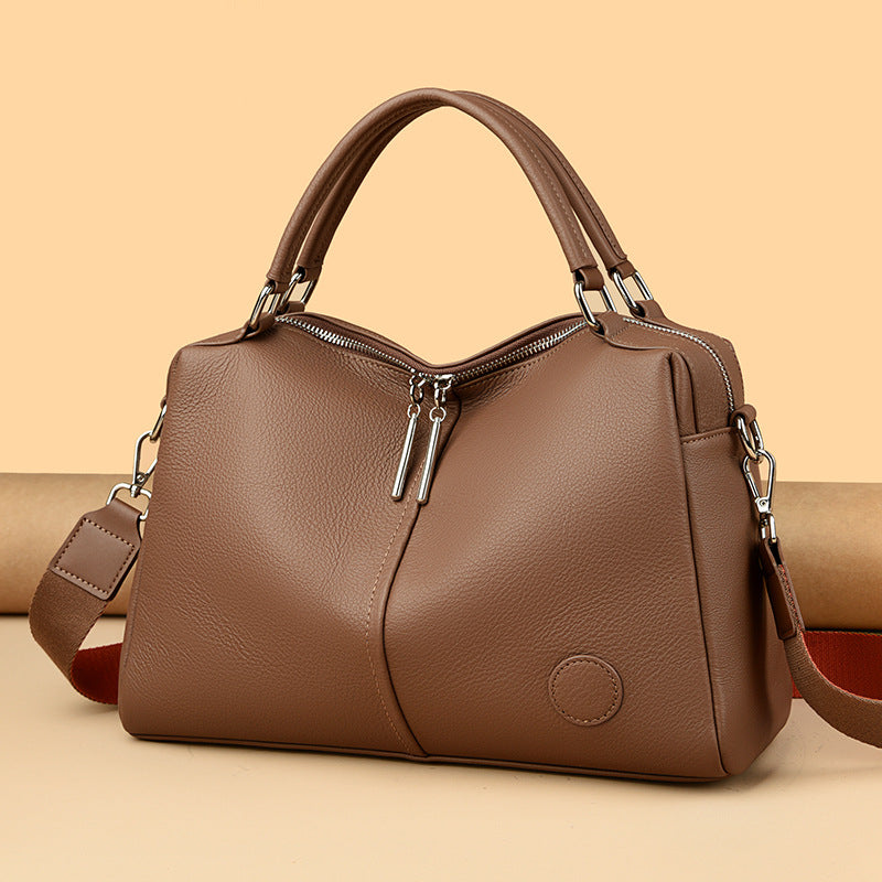 Langry high-grade soft leather office handbag in brown with silver hardware and zipper details for fashion ملابس