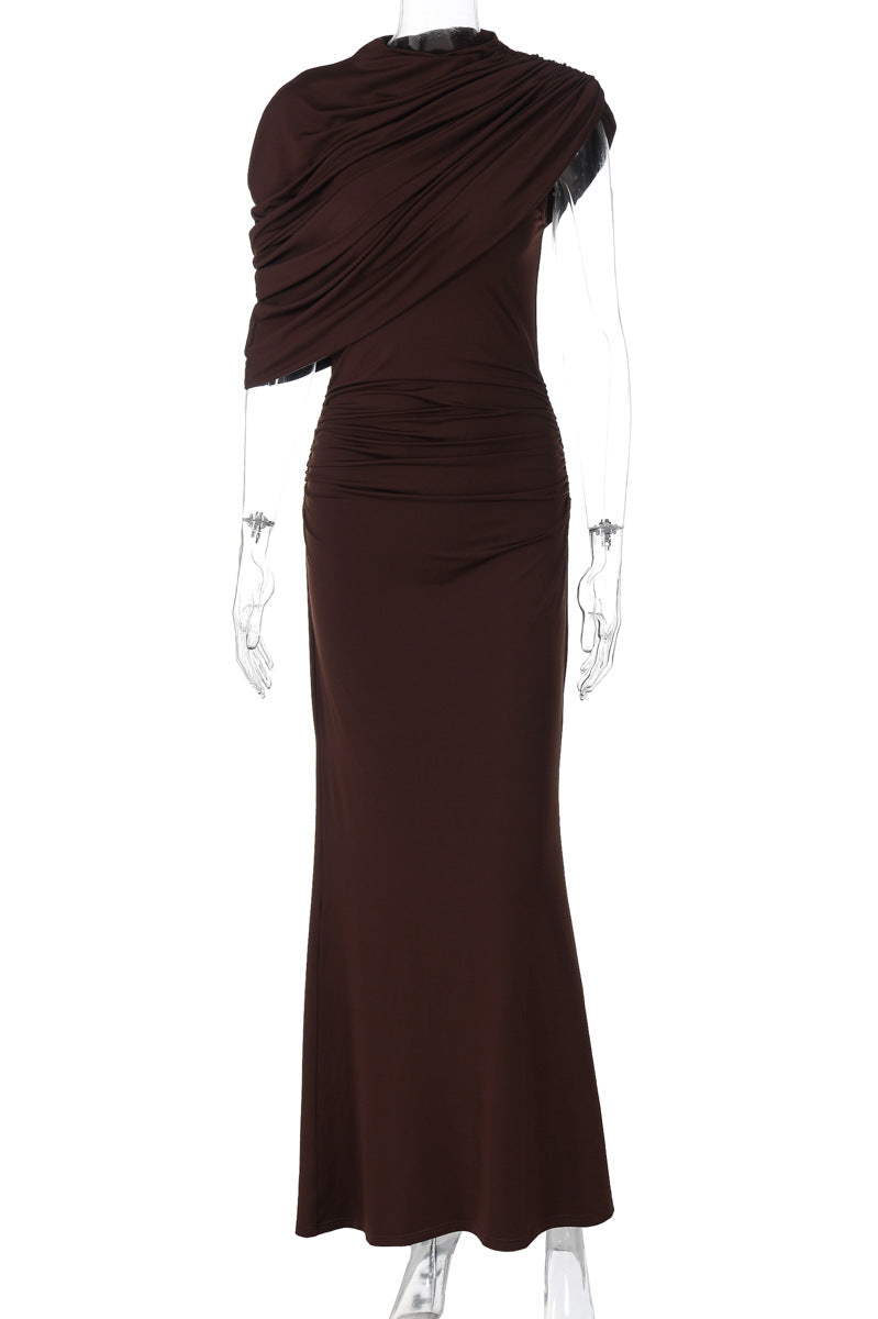Enchanting design skinny sheath pleated brown one-shoulder gown