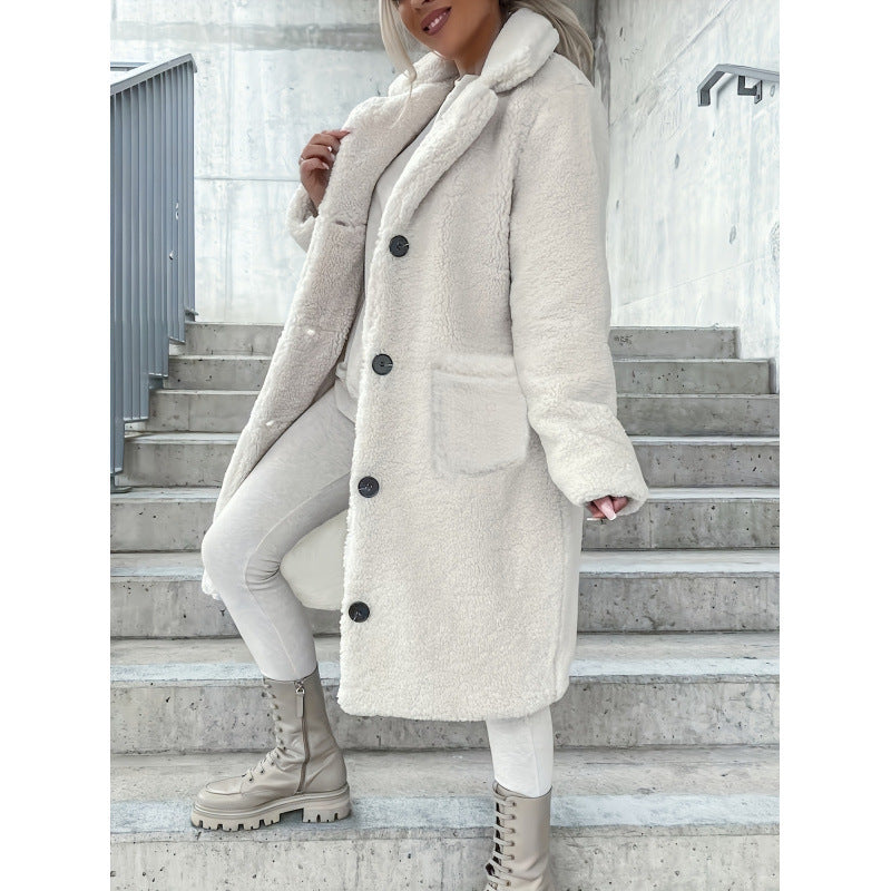 Cream-colored teddy coat from Fur Collared Plush Long Coat collection, perfect for langry fashion and ملابس