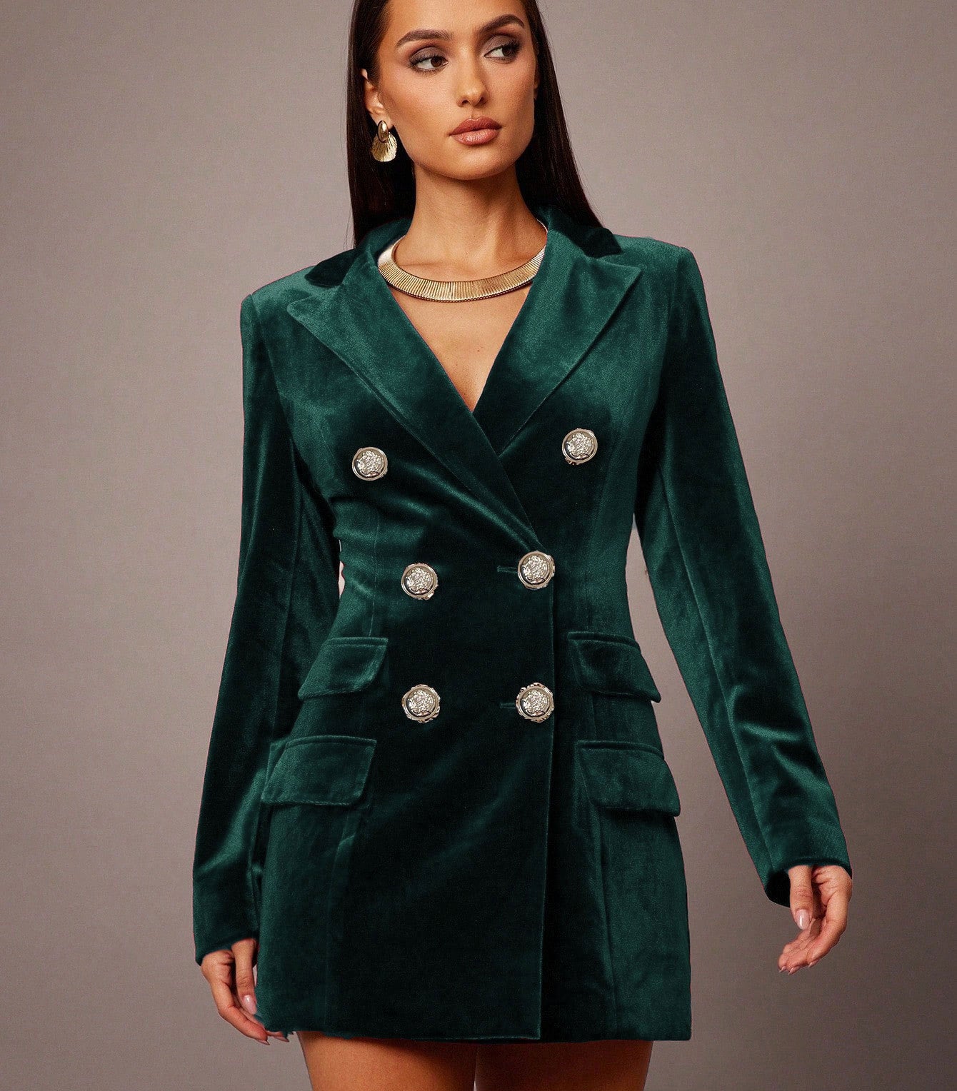Elegant emerald green velvet Langry fashion blazer with silver buttons