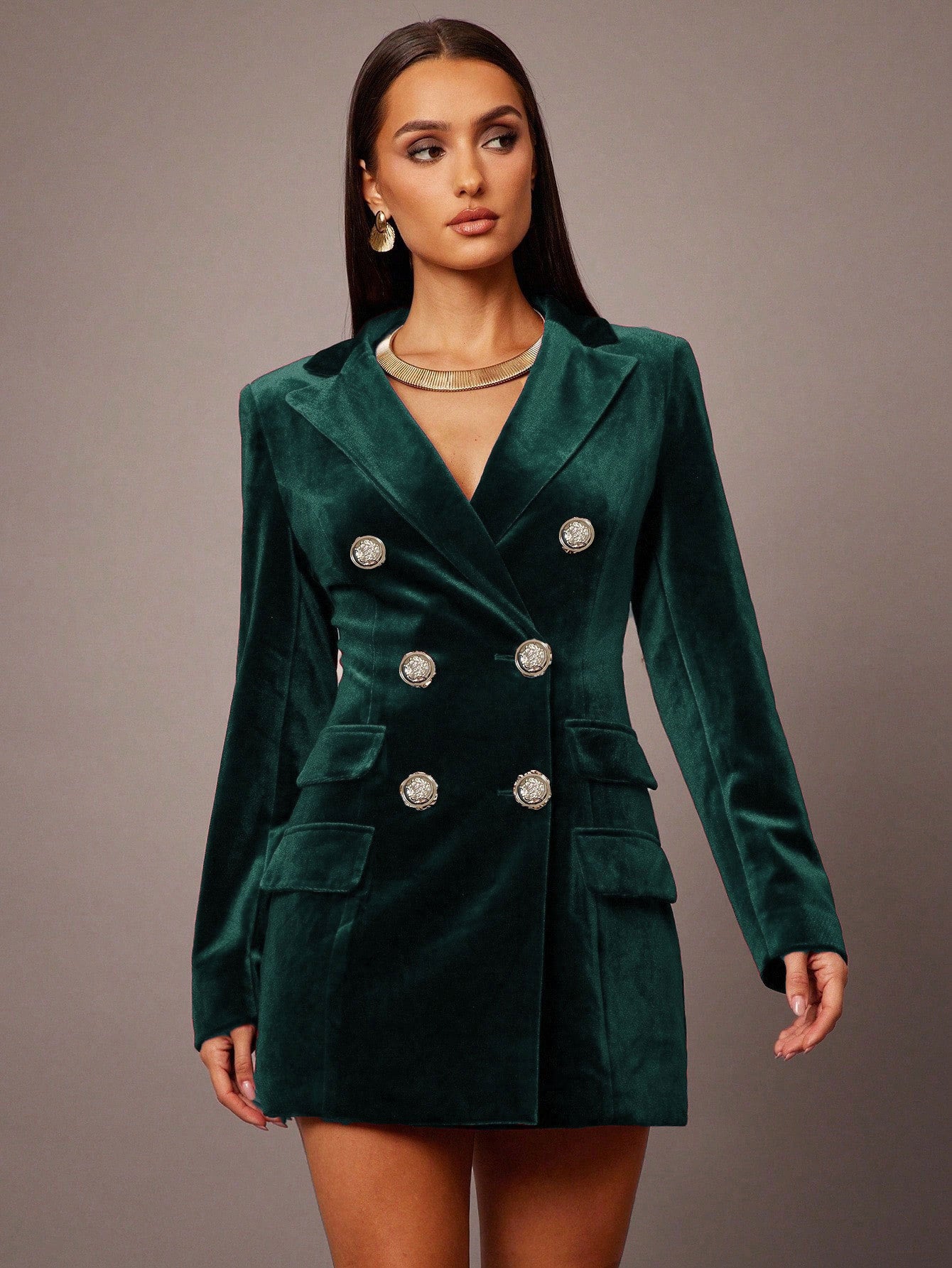 Elegant emerald green velvet Langry fashion blazer with silver buttons