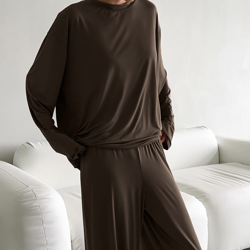Solid dark brown long-sleeve top and wide-leg pants set, fashionable lounge wear for women