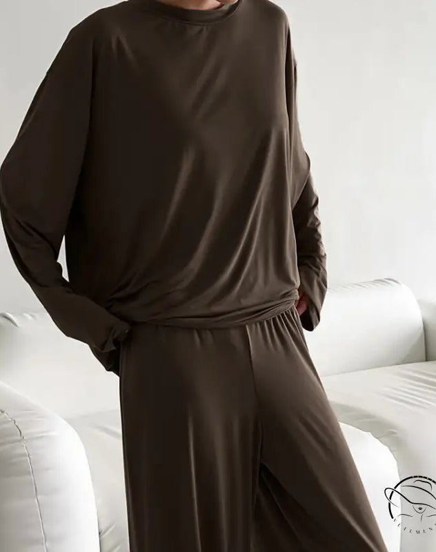 Round neck knitted long sleeve solid brown pajama set with wide-leg pants