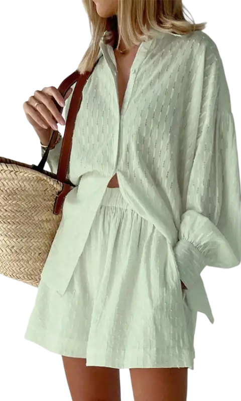 Light green textured linen shirt dress in French jacquard pajamas set