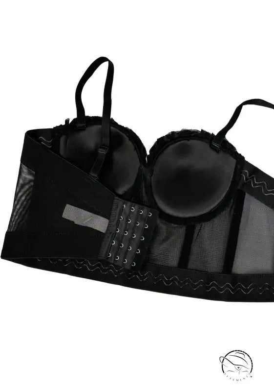 Black lace bra with mesh grommets in Beautiful Mesh Pleated Boning Corset lingerie fashion