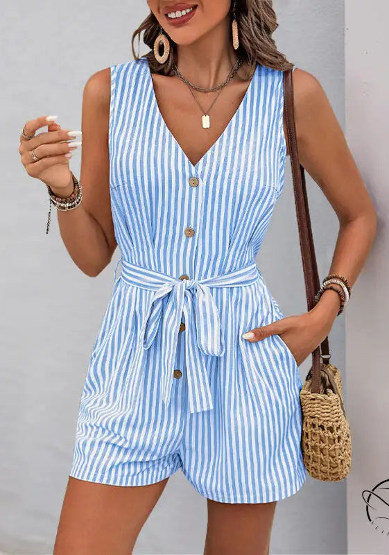 Beautiful summer jumpsuit: blue and white striped sleeveless romper with button front and waist tie