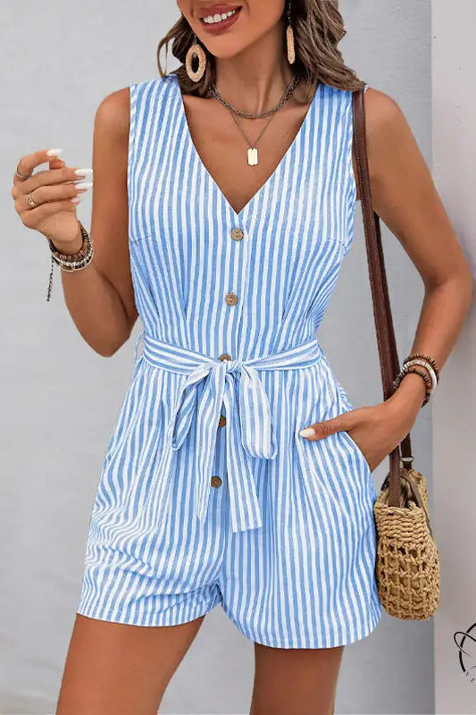 Beautiful summer jumpsuit: blue and white striped sleeveless romper with button front and waist tie