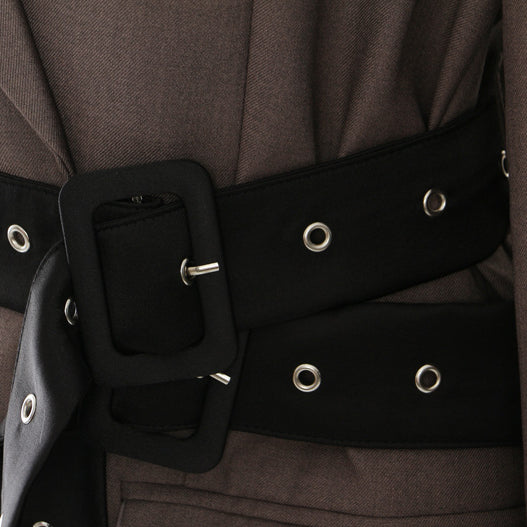 Brown Double Belt Deconstruction Blazer Top with black grommeted belt for stylish fashion