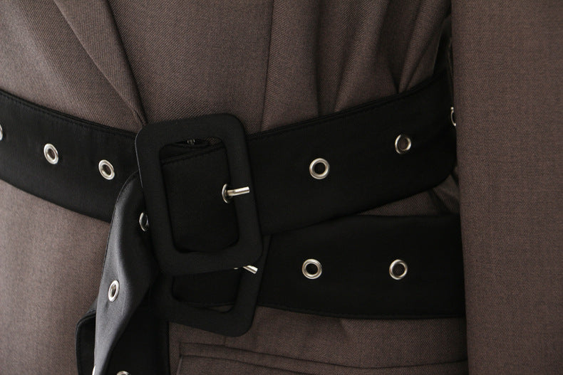 Brown Double Belt Deconstruction Blazer Top with black grommeted belt for stylish fashion