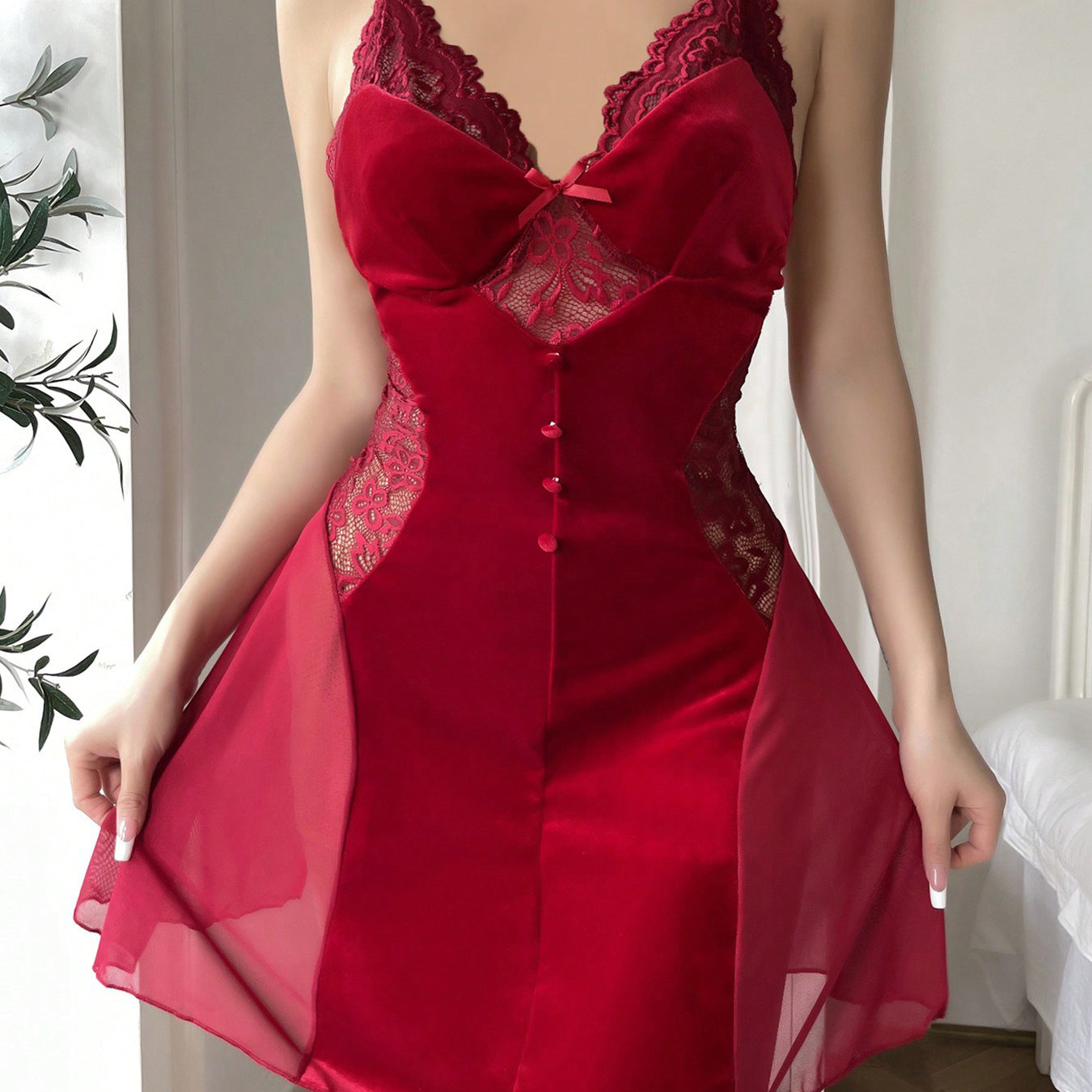 Red lace and velvet lingerie dress from Velvet Sleepwear Passion Temptation Nightdress