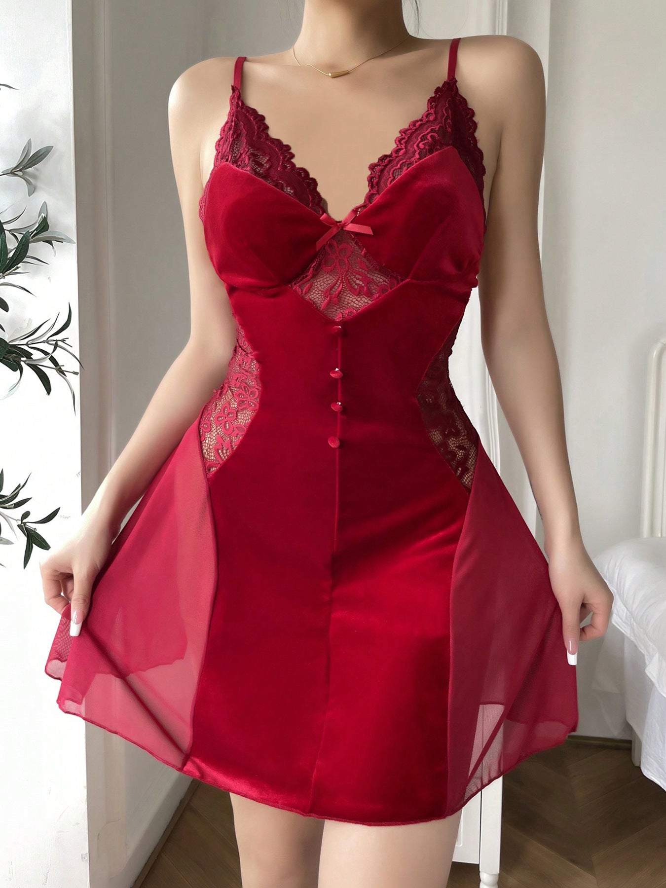 Red lace and velvet lingerie dress from Velvet Sleepwear Passion Temptation Nightdress