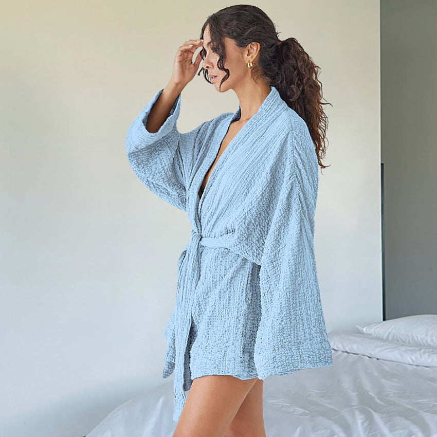 Light blue textured fabric short nightgown with wide sleeves, stylish and comfortable fashion