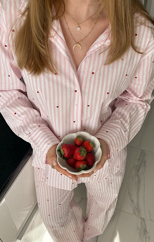 Pink and white striped pajama set with red polka dots in Langry fashion ملابس