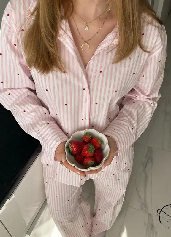 Pink and white striped langry pajama set with red polka dots