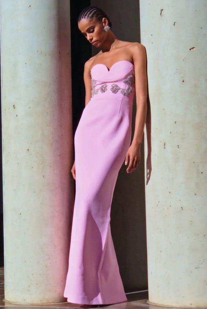 Elegant Pink Tube Top Maxi Dress featuring a strapless design and embellished waist
