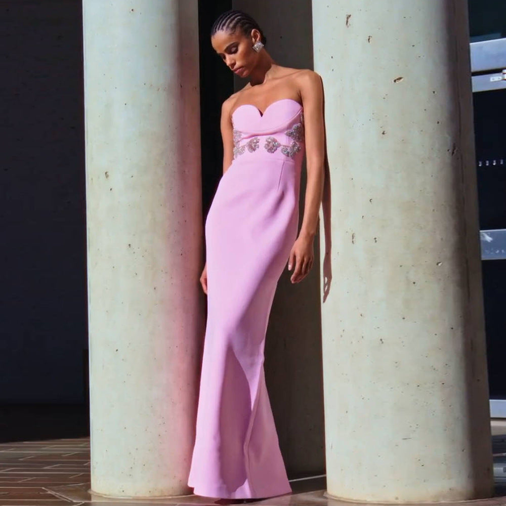 Elegant Pink Tube Top Maxi Dress featuring a strapless design and embellished waist
