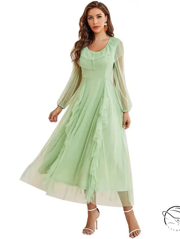 Gorgeous high-waist voile A-line dress in mint green with sheer long sleeves and ruffles