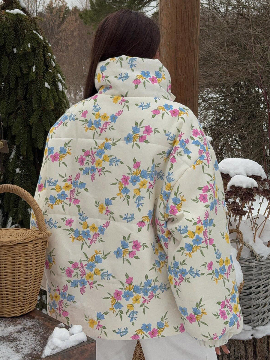 Thermal cotton padded jacket with floral print and pastel flowers