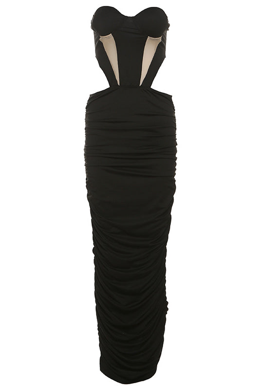 Elegant backless evening dress featuring a black strapless ruched design for stylish langry fashion