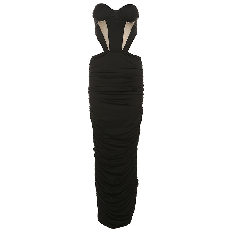 Elegant backless evening dress featuring a black strapless ruched design for stylish langry fashion