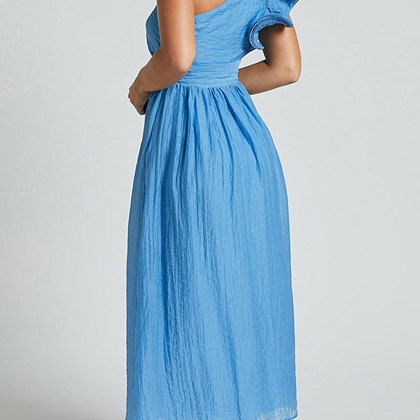 Light blue one-shoulder midi dress with ruffled detail and gathered waist for stylish fashion