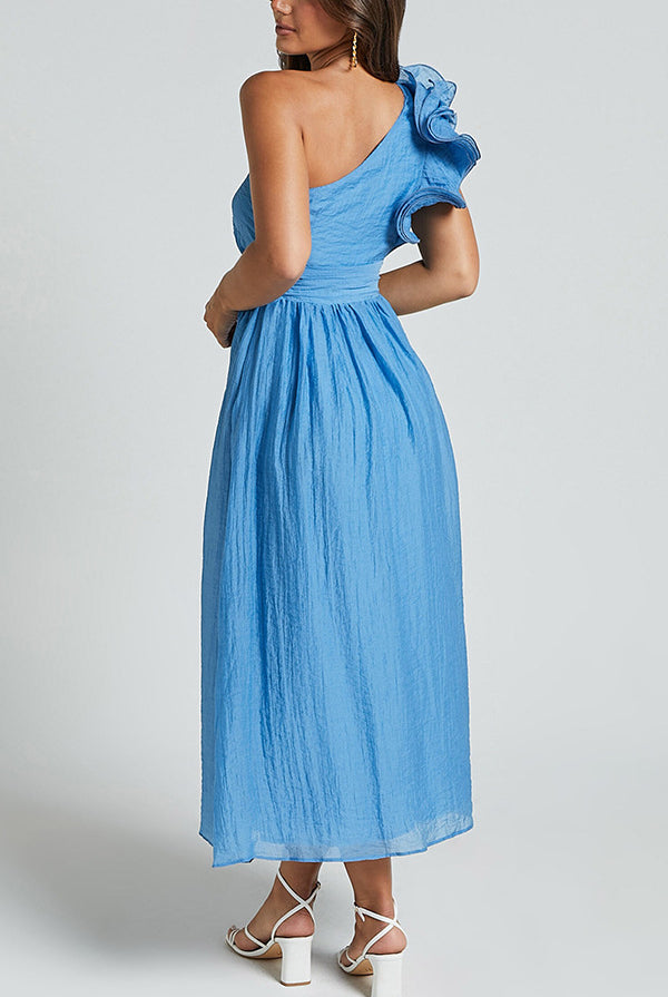 Light blue one-shoulder midi dress with ruffled detail and gathered waist for stylish fashion