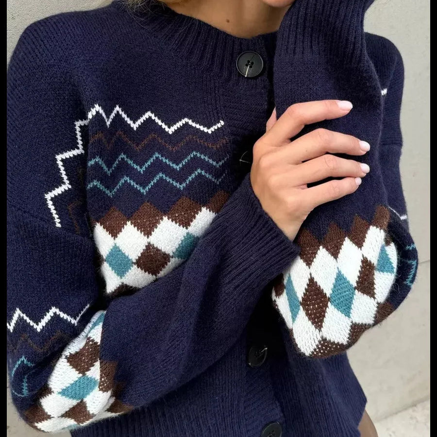 Navy blue patterned Jacquard knitted cardigan with regular sleeves for stylish fashion