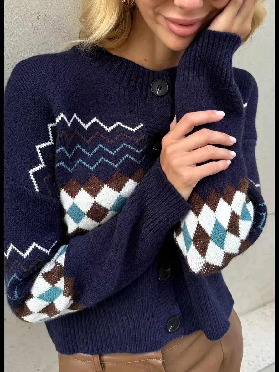 Navy blue patterned Jacquard knitted cardigan with regular sleeves for stylish fashion