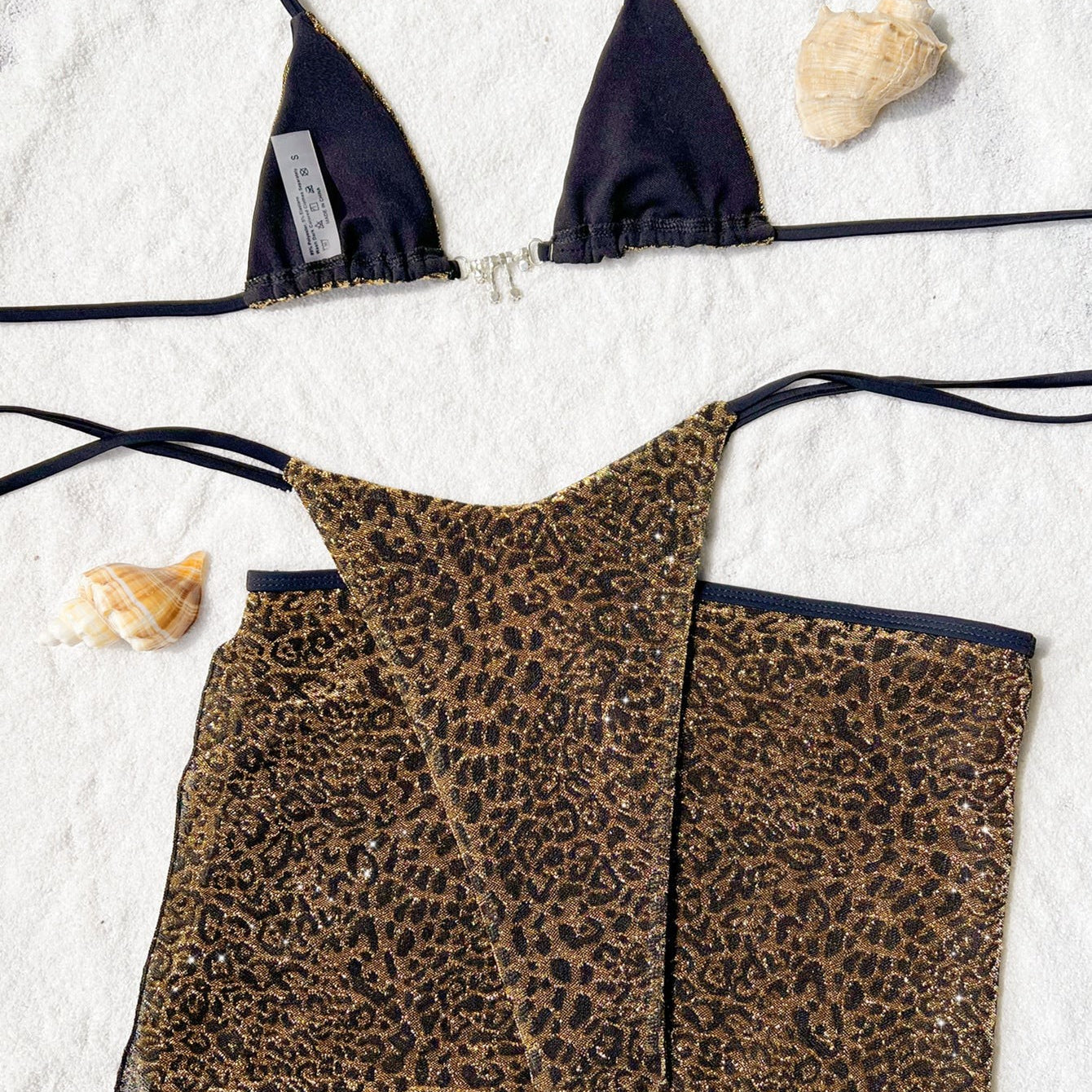 Leopard print bikini top with black triangle cups from Bikini Double Three Piece Set