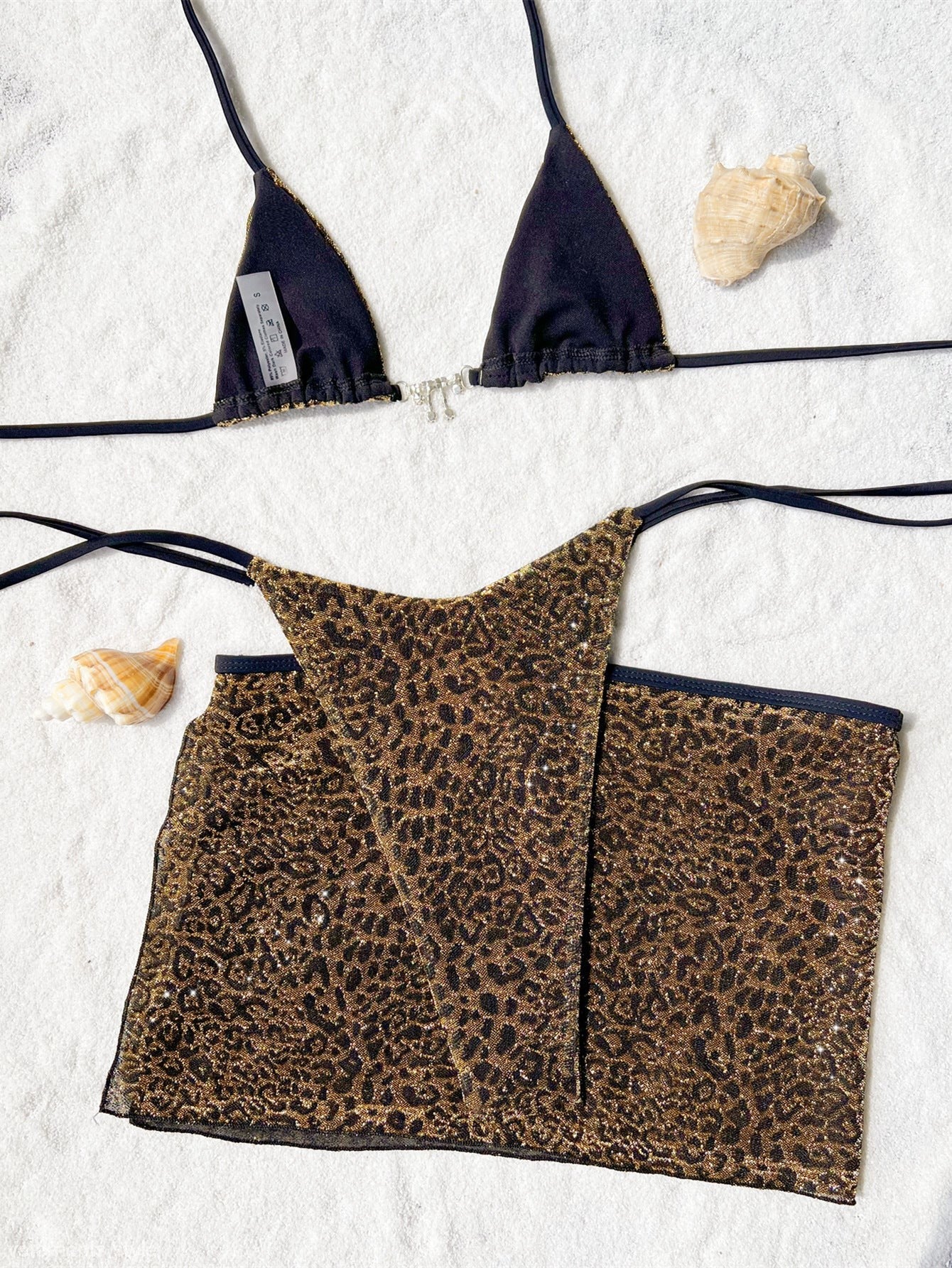 Leopard print bikini top with black triangle cups from Bikini Double Three Piece Set