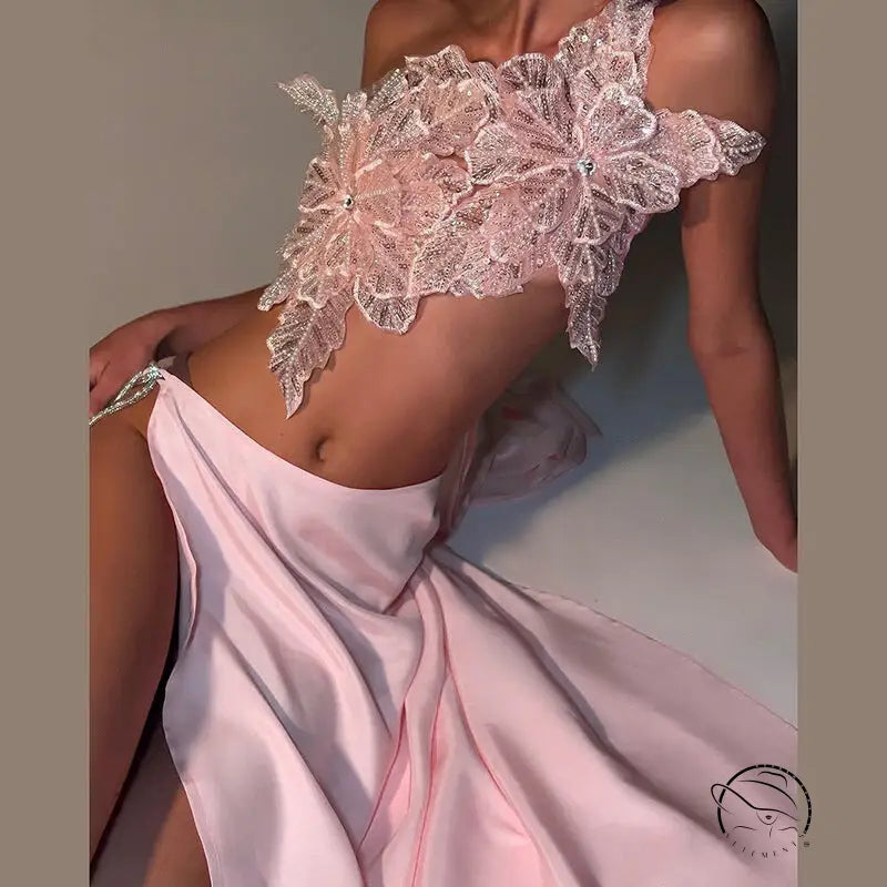 Elegant langry fashion lace floral crop top with pink silk skirt set