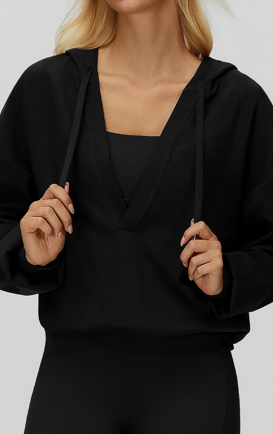 Langry fashion loose comfortable exercise coat in black hoodie with balloon sleeves and square neckline