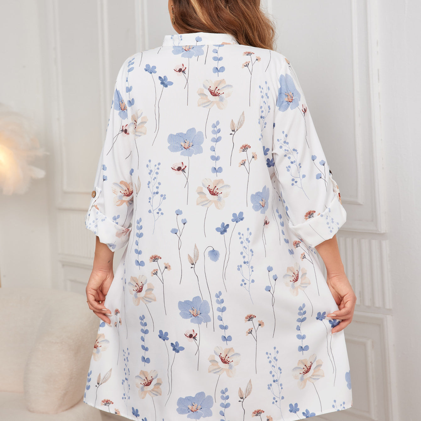 White floral print nightdress with three-quarter balloon sleeves and stand collar, perfect for comfy loose mid length wear