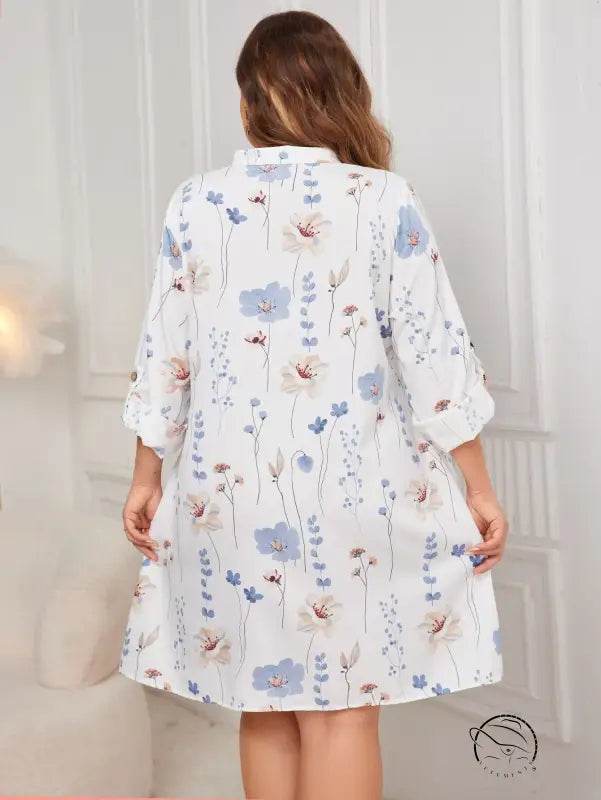 Comfy loose mid length dress with white floral print, balloon sleeves, stand collar