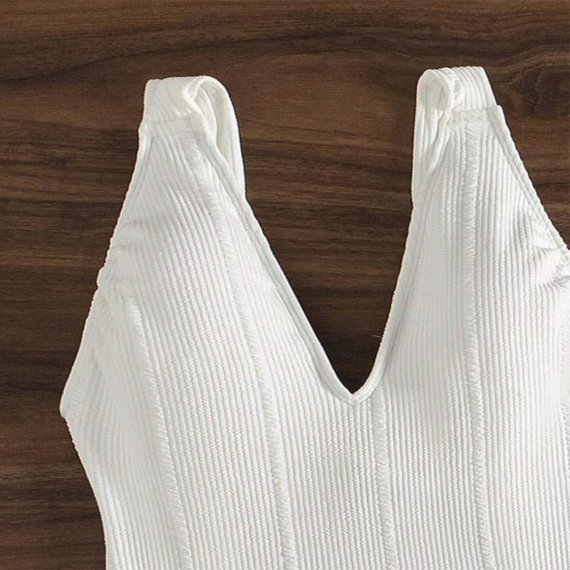 White ribbed knit top featured in Hiding One Piece Swimsuit Women Slimming Beach Exercise