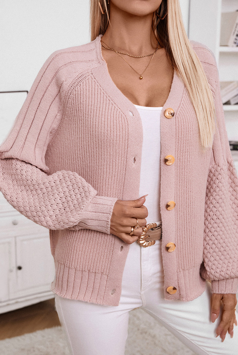 Pink knitted cardigan casual loose with lantern sleeves for a relaxed style