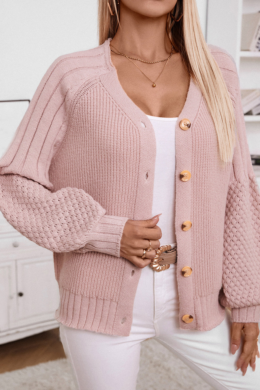 Pink knitted cardigan casual loose with lantern sleeves for a relaxed style