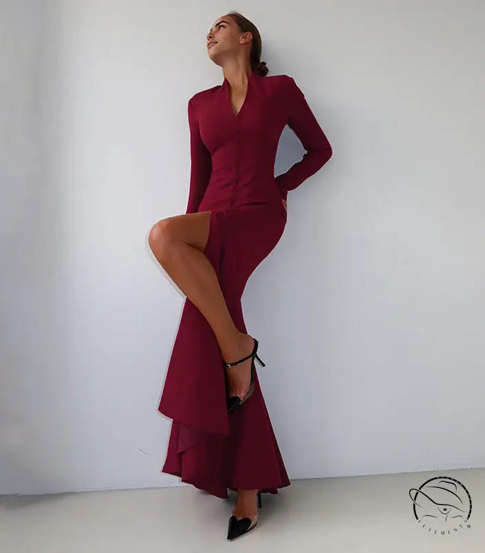 Merlot langry fashion dress with high neckline and flared skirt