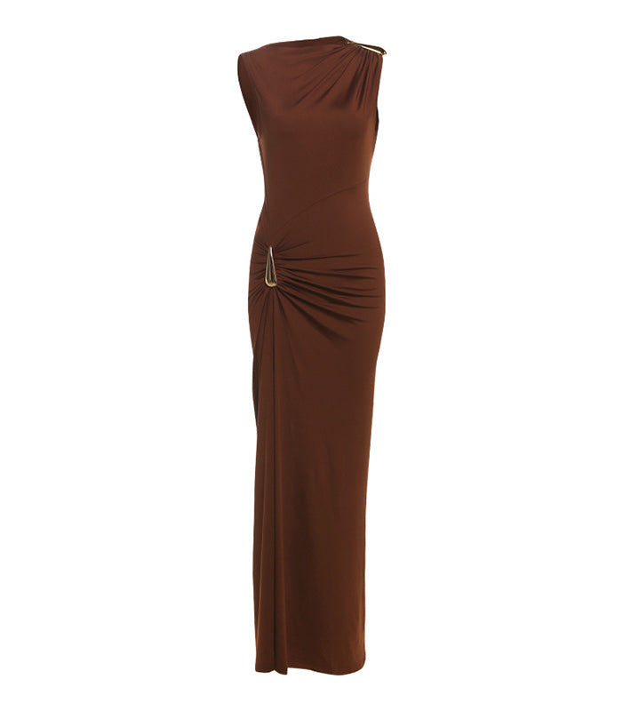 Elegant langry brown strapless maxi dress with ruched side, zipper
