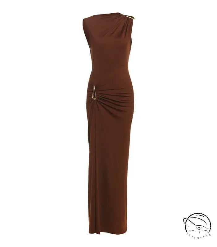 Elegant langry slim sheath brown strapless maxi dress with ruched side