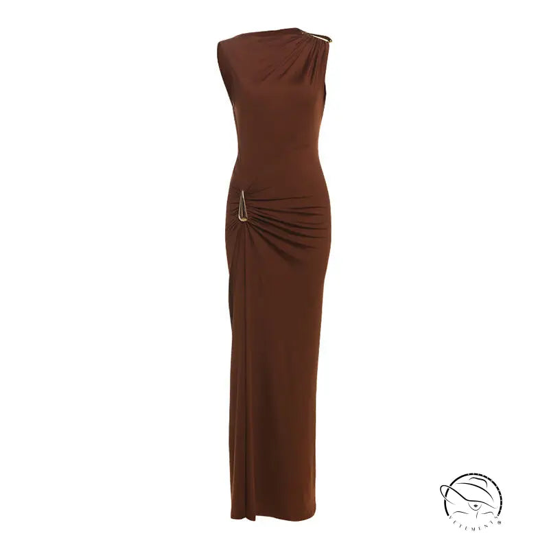 Elegant langry slim sheath brown strapless maxi dress with ruched side