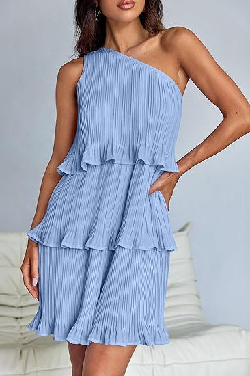 Light blue layered stitching pleated sleeveless dress with stunning shoulder design